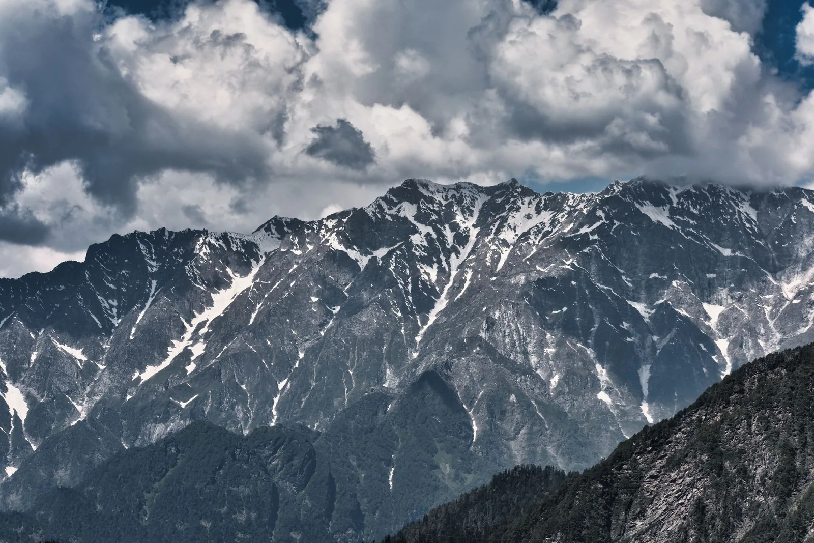 Snow-covered Himalayan peaks above a forested valley in Himachal Pradesh